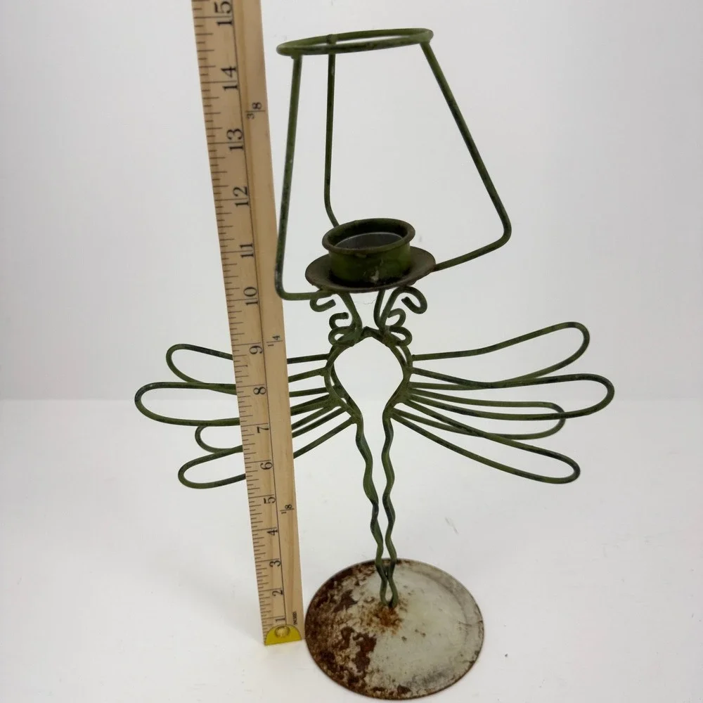 Vintage‎ Green Metal Wire Dragonfly Candle Holder Rustic Garden Decor 14.5 Inch